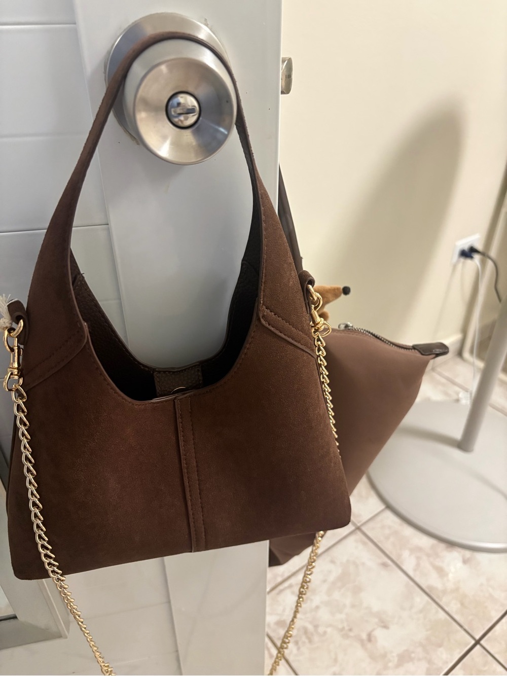 Brown Suede Shoulder Bag with Gold Chain Accent
